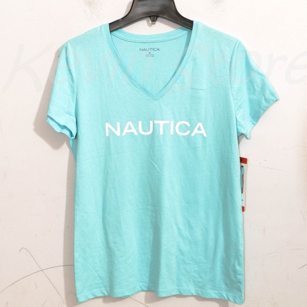 light blue v-neck Short Sleeve Ladies T-Shirt: Nautica